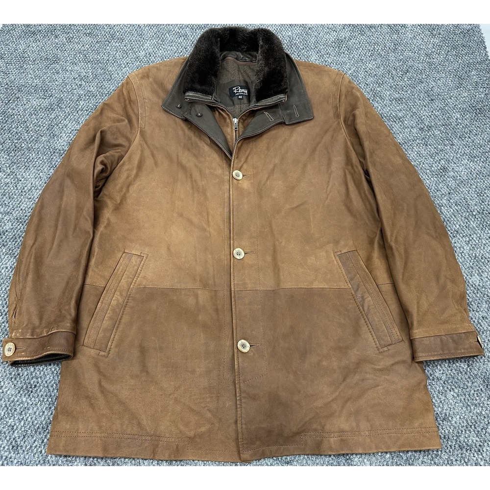 Vintage Remy Leather Jacket Men's 44 Brown Coat Lined Fur Collar Chore Full Zip